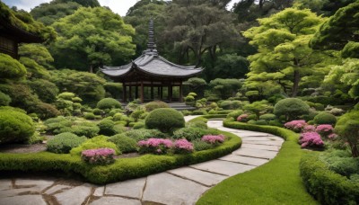 flower,outdoors,day,tree,no humans,grass,building,nature,scenery,forest,road,bush,architecture,east asian architecture,shrine,path,pavement,stone lantern,sky,cloud,blue sky,plant,rock,garden