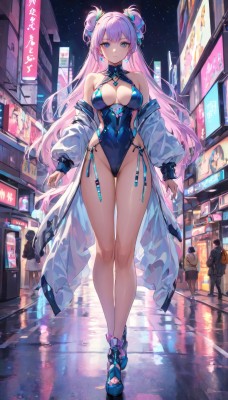 1girl,long hair,breasts,looking at viewer,bangs,blue eyes,large breasts,long sleeves,cleavage,bare shoulders,jewelry,medium breasts,very long hair,closed mouth,standing,jacket,full body,pink hair,thighs,earrings,outdoors,open clothes,sky,shoes,solo focus,shiny,off shoulder,hair bun,leotard,coat,groin,legs,clothing cutout,bare legs,double bun,covered navel,night,highleg,ass visible through thighs,thigh gap,cleavage cutout,building,star (sky),night sky,highleg leotard,starry sky,reflection,walking,open coat,city,blue leotard,solo,hair ornament,twintails,collarbone,parted lips,puffy sleeves,virtual youtuber,nail polish,open jacket,skindentation,sandals,white jacket,highleg swimsuit,street,skates,crosswalk