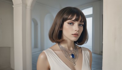 1girl,solo,breasts,looking at viewer,short hair,bangs,blue eyes,brown hair,dress,cleavage,bare shoulders,jewelry,collarbone,upper body,parted lips,sleeveless,indoors,necklace,white dress,lips,bob cut,gem,realistic,nose,pillar,medium breasts,medium hair,grey eyes,eyelashes,window,makeup,portrait,column