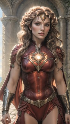 1girl,solo,long hair,breasts,looking at viewer,blue eyes,blonde hair,brown hair,thighhighs,jewelry,medium breasts,standing,cowboy shot,earrings,parted lips,teeth,shiny,belt,artist name,signature,cape,nail polish,armor,leotard,lips,fingernails,grey eyes,makeup,glowing,wavy hair,tiara,lipstick,shoulder armor,gem,breasts apart,skin tight,backlighting,curly hair,pauldrons,circlet,realistic,fantasy,arms at sides,red cape,red lips,bracer,red leotard,pillar,superhero,red gemstone,column,blush,covered navel,nose