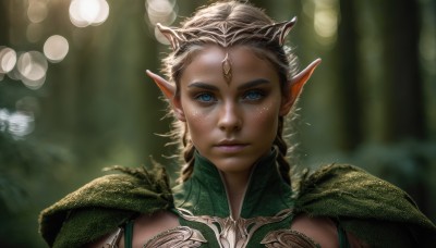 1girl,solo,long hair,looking at viewer,blue eyes,blonde hair,closed mouth,braid,pointy ears,armor,blurry,lips,depth of field,blurry background,elf,shoulder armor,portrait,freckles,pauldrons,circlet,realistic,nose,fantasy,bokeh,upper body,eyelashes,makeup,sunlight,nature,backlighting,forehead jewel