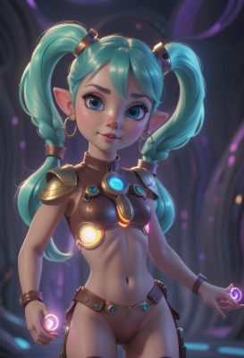 1girl,solo,long hair,breasts,looking at viewer,smile,blue eyes,thighhighs,navel,twintails,jewelry,underwear,blue hair,panties,braid,cowboy shot,earrings,small breasts,parted lips,green hair,pointy ears,midriff,armor,twin braids,bracelet,lips,aqua hair,glowing,shoulder armor,bikini armor,belt,freckles