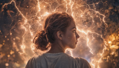 1girl, solo, brown hair, shirt, brown eyes, white shirt, upper body, looking back, hair bun, from behind, blurry, lips, profile, depth of field, single hair bun, realistic, nose, electricity, lightning, nape