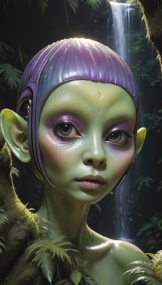 1girl,solo,looking at viewer,short hair,closed mouth,purple hair,water,black eyes,tree,lips,wet,grey eyes,eyelashes,makeup,colored skin,leaf,plant,portrait,nature,eyeshadow,forest,realistic,nose,wet hair,green skin,waterfall,brown eyes,collarbone,upper body,pointy ears,facial mark,forehead mark,forehead jewel,alien,yellow skin