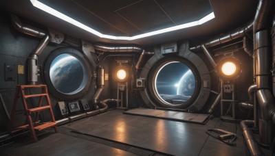 indoors,no humans,window,scenery,reflection,science fiction,realistic,light,cable,space,planet,spacecraft,sky,star (sky),earth (planet)