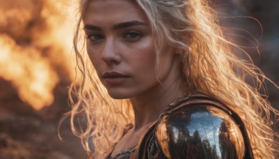 1girl,solo,long hair,looking at viewer,blonde hair,closed mouth,outdoors,parted lips,artist name,blurry,lips,grey eyes,eyelashes,depth of field,blurry background,wavy hair,portrait,close-up,freckles,curly hair,realistic,nose,brown eyes,sky,cloud,signature,armor,tree,chain,sunlight,thick eyebrows,fire,shoulder armor,messy hair