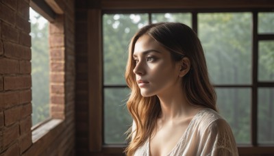 1girl,solo,long hair,breasts,brown hair,cleavage,brown eyes,medium breasts,collarbone,upper body,indoors,blurry,lips,looking to the side,window,depth of field,looking away,realistic,nose,jewelry,earrings,parted lips,day,sunlight,portrait,looking afar