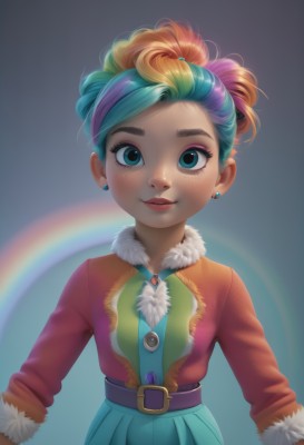 1girl,solo,looking at viewer,smile,short hair,blue eyes,blonde hair,long sleeves,dress,jewelry,blue hair,upper body,purple hair,multicolored hair,earrings,parted lips,belt,artist name,orange hair,two-tone hair,aqua eyes,lips,gradient,fur trim,gradient background,eyelashes,makeup,blue background,lipstick,multicolored clothes,buckle,eyeshadow,freckles,belt buckle,nose,stud earrings,rainbow,colorful,mascara,aqua skirt,rainbow hair,skirt,pink hair,green hair,aqua hair