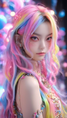 1girl,solo,long hair,looking at viewer,blush,bare shoulders,brown eyes,jewelry,closed mouth,upper body,pink hair,multicolored hair,earrings,sleeveless,artist name,necklace,blurry,black eyes,from side,lips,eyelashes,makeup,depth of field,blurry background,piercing,gem,ear piercing,web address,armlet,eyeshadow,freckles,realistic,nose,blue eyes,blonde hair,blue hair,star (symbol),two-tone hair,streaked hair,parted bangs,looking to the side,watermark,wavy hair,expressionless,lipstick,forehead,beads,pink lips,bokeh,mascara,pearl (gemstone)