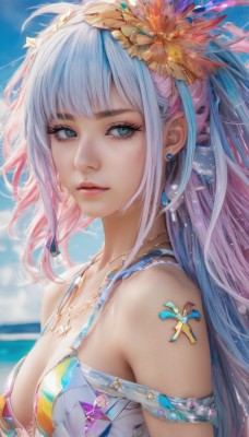 1girl,solo,long hair,breasts,looking at viewer,bangs,blue eyes,hair ornament,cleavage,bare shoulders,jewelry,medium breasts,closed mouth,blue hair,collarbone,swimsuit,upper body,pink hair,flower,white hair,bikini,multicolored hair,earrings,outdoors,parted lips,sky,day,artist name,cloud,hair flower,necklace,blurry,from side,two-tone hair,blue sky,lips,streaked hair,looking to the side,eyelashes,tattoo,gradient hair,makeup,blurry background,ocean,piercing,feathers,gem,armlet,eyeshadow,realistic,nose,mascara,multicolored bikini,shell necklace,ponytail,sidelocks,water,cloudy sky,bikini top only,multicolored clothes,pink lips