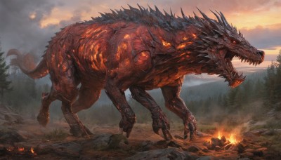 open mouth,red eyes,tail,outdoors,sky,teeth,cloud,tree,no humans,glowing,fangs,cloudy sky,fire,sharp teeth,nature,glowing eyes,claws,forest,smoke,monster,fantasy,dragon,scales,dinosaur,molten rock,scenery,rock,mountain,breathing fire