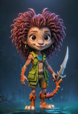 1girl,solo,long hair,looking at viewer,smile,brown hair,red eyes,navel,holding,brown eyes,jewelry,standing,tail,full body,weapon,male focus,earrings,shorts,belt,sword,dark skin,water,holding weapon,vest,dark-skinned female,facial mark,knife,messy hair,child,curly hair,hoop earrings,facepaint,dreadlocks,purple hair,red hair,open clothes,barefoot,midriff,necklace,flat chest,tattoo,furry,furry female,dagger,dirty,open vest,tribal