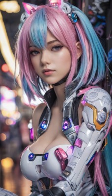 1girl,solo,long hair,breasts,looking at viewer,short hair,bangs,blue eyes,large breasts,hair ornament,gloves,animal ears,cleavage,twintails,medium breasts,closed mouth,blue hair,upper body,pink hair,multicolored hair,cat ears,blurry,two-tone hair,lips,gradient hair,makeup,depth of field,blurry background,fake animal ears,headgear,science fiction,nose,cyberpunk,weapon,signature,gun,grey eyes,handgun,zipper,realistic