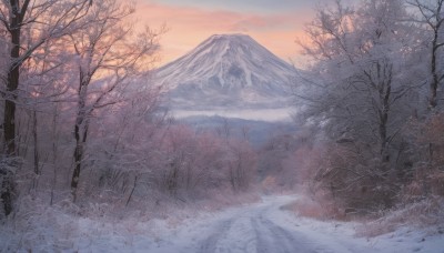 outdoors,sky,cloud,tree,no humans,grass,nature,scenery,snow,forest,sunset,mountain,winter,bare tree,landscape,mountainous horizon,fog,gradient sky,orange sky,pine tree,leaf,branch