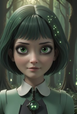 1girl,solo,looking at viewer,smile,short hair,bangs,shirt,black hair,jewelry,closed mouth,green eyes,upper body,outdoors,green hair,collared shirt,artist name,blurry,tree,lips,eyelashes,blurry background,glowing,watermark,bob cut,brooch,gem,portrait,nature,web address,forest,freckles,realistic,nose,green gemstone,deviantart username,necktie,green theme