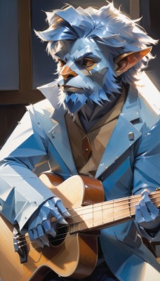 solo,looking at viewer,short hair,shirt,long sleeves,1boy,holding,brown eyes,sitting,closed mouth,blue hair,jacket,white hair,male focus,pointy ears,collared shirt,pants,indoors,coat,mask,colored skin,facial hair,black pants,white jacket,instrument,beard,mustache,blue skin,music,guitar,furry male,brown shirt,playing instrument,holding instrument,gloves,animal ears,upper body,open jacket,window,thick eyebrows,blue jacket,furry,mature male,brown vest