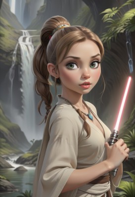 1girl,solo,long hair,breasts,looking at viewer,brown hair,holding,cleavage,jewelry,medium breasts,green eyes,upper body,ponytail,weapon,braid,earrings,outdoors,parted lips,sword,artist name,signature,wide sleeves,water,necklace,holding weapon,lips,single braid,holding sword,nature,freckles,robe,nose,waterfall,energy sword,lightsaber,blush,long sleeves,sash,pendant,realistic