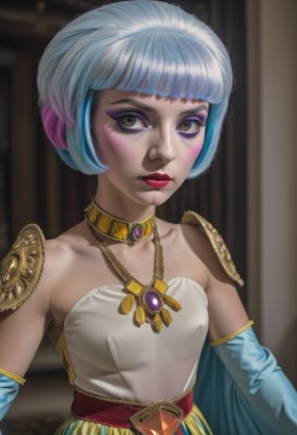 1girl,solo,breasts,looking at viewer,short hair,bangs,dress,bare shoulders,brown eyes,jewelry,closed mouth,blue hair,collarbone,upper body,pink hair,white hair,grey hair,multicolored hair,small breasts,detached sleeves,choker,artist name,blunt bangs,necklace,white dress,blurry,two-tone hair,lips,grey eyes,eyelashes,makeup,blurry background,bob cut,lipstick,gem,eyeshadow,eyeliner,mascara,blush,armor,shoulder armor,realistic,nose,shoulder pads,neck ring