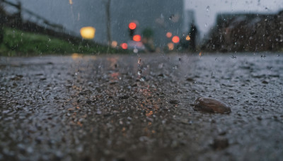 outdoors, blurry, no humans, night, depth of field, blurry background, grass, scenery, rain, water drop, road