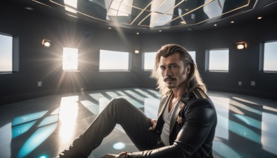 solo,long hair,looking at viewer,brown hair,shirt,long sleeves,1boy,brown eyes,sitting,closed mouth,jacket,white shirt,male focus,open clothes,pants,indoors,dark skin,open jacket,black jacket,facial hair,black pants,grey shirt,beard,knee up,watch,mustache,light,leather,animification,hair slicked back,leather jacket,science fiction,realistic,manly