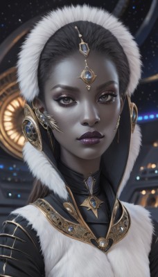 1girl,solo,long hair,looking at viewer,brown hair,black hair,brown eyes,jewelry,closed mouth,upper body,earrings,dark skin,mole,blurry,dark-skinned female,lips,fur trim,eyelashes,makeup,blurry background,colored skin,lipstick,gem,portrait,eyeshadow,fur collar,realistic,nose,forehead jewel,purple lips,black lips,artist name,mole under eye,headdress,grey skin,very dark skin