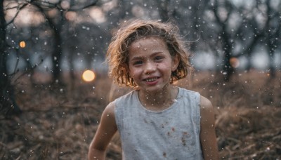 1girl,solo,looking at viewer,smile,short hair,open mouth,blonde hair,brown hair,shirt,jewelry,white shirt,upper body,outdoors,teeth,sleeveless,tongue,dark skin,blurry,black eyes,dark-skinned female,tree,lips,sleeveless shirt,blurry background,tank top,child,snow,curly hair,snowing,realistic,female child,white tank top,dirty,bokeh,dirty face,dirty clothes,grin,blood,wind,freckles,blood on face,blood on clothes