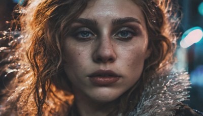 1girl,solo,long hair,looking at viewer,blue eyes,blonde hair,brown hair,closed mouth,water,mole,blurry,lips,eyelashes,makeup,depth of field,blurry background,thick eyebrows,portrait,close-up,freckles,curly hair,realistic,nose,red lips,parted lips,artist name