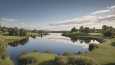 outdoors,sky,day,cloud,water,tree,blue sky,no humans,cloudy sky,grass,nature,scenery,forest,reflection,mountain,river,landscape,lake,bush,reflective water