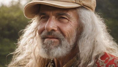 solo,long hair,looking at viewer,1boy,hat,closed mouth,white hair,male focus,outdoors,blurry,blurry background,facial hair,portrait,beard,realistic,mustache,brown headwear,manly,old,old man,wrinkled skin,day,black eyes,lips,scar,messy hair,close-up,curly hair