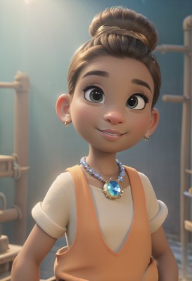 1girl,solo,looking at viewer,smile,short hair,brown hair,shirt,dress,brown eyes,jewelry,white shirt,upper body,short sleeves,earrings,parted lips,teeth,dark skin,necklace,hair bun,blurry,black eyes,dark-skinned female,lips,eyelashes,blurry background,single hair bun,thick eyebrows,child,freckles,female child,open mouth,artist name,aged down,gem,backlighting,nose,overalls