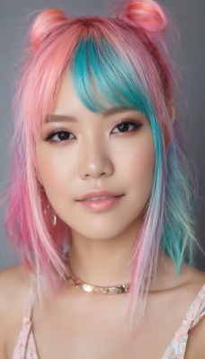 1girl,solo,long hair,looking at viewer,smile,bangs,simple background,bare shoulders,brown eyes,jewelry,underwear,blue hair,collarbone,upper body,pink hair,multicolored hair,earrings,parted lips,teeth,grey background,necklace,hair bun,bra,blurry,black eyes,two-tone hair,lips,double bun,aqua hair,makeup,portrait,realistic,choker