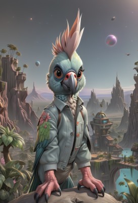 solo,shirt,red eyes,long sleeves,1boy,standing,jacket,flower,male focus,outdoors,wings,sky,pants,artist name,signature,water,tree,night,bird,feathers,plant,building,star (sky),night sky,feathered wings,claws,furry,starry sky,pocket,mountain,city,furry male,planet,sunrise,beak,cactus,looking at viewer,day,black eyes,no humans,scenery,zipper,aircraft,palm tree,river,waterfall,lake,talons,cliff