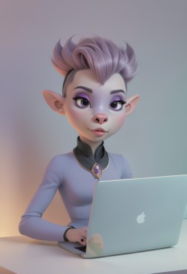 1girl,solo,breasts,looking at viewer,smile,short hair,brown hair,shirt,long sleeves,animal ears,jewelry,purple eyes,upper body,grey hair,multicolored hair,small breasts,parted lips,pointy ears,artist name,lips,grey eyes,makeup,brooch,furry,eyeshadow,furry female,computer,laptop,snout,buck teeth,purple eyeshadow,pink hair,eyelashes,watermark,lipstick,web address,nose,mohawk