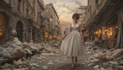 1girl,solo,short hair,brown hair,dress,bare shoulders,jewelry,standing,outdoors,sky,sleeveless,cloud,hair bun,white dress,bare arms,window,sleeveless dress,sandals,single hair bun,cloudy sky,building,scenery,walking,paper,city,fantasy,arms at sides,cityscape,ruins,broken,skeleton,statue,crack,broken glass,corpse,destruction,rubble,broken window,road,street,debris