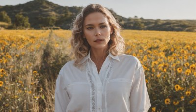 1girl,solo,long hair,looking at viewer,blue eyes,blonde hair,brown hair,shirt,brown eyes,white shirt,upper body,flower,outdoors,parted lips,day,collared shirt,medium hair,blurry,lips,blurry background,wavy hair,freckles,curly hair,pocket,mountain,realistic,yellow flower,sunflower,breast pocket,field,straight-on,flower field,photo background,smile,sky,teeth,dress shirt,depth of field,sunlight,mole on cheek