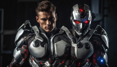 looking at viewer,brown hair,red eyes,1boy,brown eyes,upper body,male focus,multiple boys,2boys,armor,blurry,glowing,helmet,robot,glowing eyes,science fiction,realistic,manly,cyborg,damaged,power armor,cyberpunk,power suit,bodysuit,muscular,serious,android