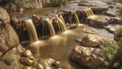 outdoors,day,water,tree,no humans,sunlight,grass,plant,nature,scenery,forest,rock,fantasy,river,waterfall,stone,leaf,bush,stream