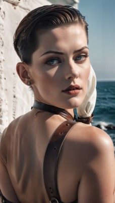 1girl,solo,looking at viewer,short hair,blue eyes,brown hair,black hair,bare shoulders,jewelry,upper body,earrings,outdoors,parted lips,choker,day,looking back,water,from behind,blurry,lips,blurry background,ocean,back,freckles,asymmetrical hair,realistic,nose,red lips,very short hair,undercut,long hair,beach,portrait,hair over shoulder