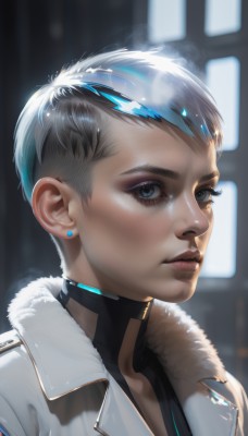 1girl,solo,looking at viewer,short hair,blue eyes,jewelry,blue hair,jacket,upper body,grey hair,multicolored hair,earrings,parted lips,artist name,blurry,two-tone hair,lips,grey eyes,fur trim,eyelashes,makeup,blurry background,piercing,white jacket,ear piercing,portrait,eyeshadow,science fiction,realistic,nose,stud earrings,eyeliner,very short hair,undercut,cyborg,cyberpunk,black hair,closed mouth,choker,turtleneck,expressionless,backlighting,fur collar,mascara