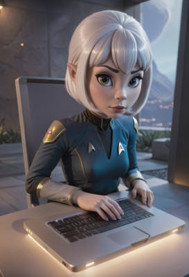 1girl,solo,breasts,looking at viewer,short hair,bangs,long sleeves,brown eyes,sitting,white hair,small breasts,pointy ears,artist name,indoors,blurry,uniform,lips,military,military uniform,makeup,chair,bob cut,elf,desk,nose,computer,monitor,keyboard (computer),mouse (computer),window,emblem