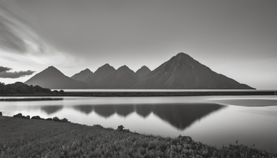 monochrome,greyscale,outdoors,sky,cloud,water,tree,military,no humans,cloudy sky,grass,ground vehicle,nature,scenery,motor vehicle,forest,smoke,mountain,military vehicle,tank,river,landscape,mountainous horizon,lake,comic,reflection,field,fog,hill