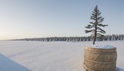 outdoors,sky,day,water,tree,blue sky,no humans,nature,scenery,snow,forest,mountain,bucket,winter,bare tree,pine tree,cloud,reflection,horizon,landscape,gradient sky,sunrise