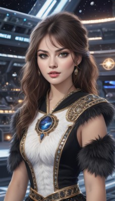 1girl,solo,long hair,breasts,looking at viewer,brown hair,dress,brown eyes,jewelry,medium breasts,upper body,earrings,parted lips,sleeveless,lips,fur trim,makeup,night,wavy hair,lipstick,gem,star (sky),realistic,nose,red lips,bangs,artist name,necklace,blurry,black dress,eyelashes,sleeveless dress,building,fur