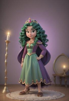 1girl,solo,long hair,looking at viewer,smile,long sleeves,dress,jewelry,closed mouth,standing,full body,green hair,shoes,necklace,cape,black eyes,high heels,hand on hip,makeup,tiara,crown,child,purple dress,curly hair,green dress,wooden floor,mirror,female child,candle,candlestand,breasts,green eyes,small breasts,artist name,wavy hair,long dress,carpet,rug