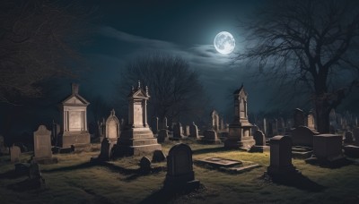 outdoors,sky,cloud,tree,no humans,night,moon,cloudy sky,grass,cross,building,night sky,scenery,full moon,bare tree,castle,tombstone,church,graveyard,grave,dark,moonlight,path