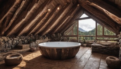 outdoors,sky,day,cloud,indoors,water,tree,no humans,window,table,sunlight,plant,scenery,bowl,wooden floor,rock,mountain,basket,architecture,bridge,barrel,cloudy sky,landscape