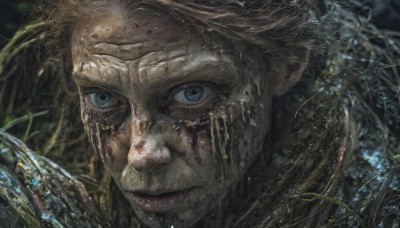 1girl,solo,looking at viewer,short hair,blue eyes,brown hair,1boy,closed mouth,male focus,water,blurry,lips,plant,portrait,close-up,realistic,dirty,smile,scar,grass