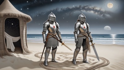 holding,standing,weapon,outdoors,sky,sword,water,star (symbol),holding weapon,armor,night,ocean,beach,holding sword,moon,helmet,knife,shoulder armor,gauntlets,sheath,star (sky),night sky,1other,full moon,starry sky,pauldrons,sheathed,breastplate,sand,scabbard,greaves,knight,full armor,ambiguous gender,2others,helm,chainmail,plate armor,1girl,boots,multiple boys,cloud,dual wielding,tabard,arms at sides,horizon,leg armor