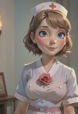 1girl,solo,breasts,looking at viewer,blush,smile,short hair,bangs,blue eyes,brown hair,hat,dress,medium breasts,closed mouth,collarbone,upper body,flower,short sleeves,belt,indoors,white dress,lips,eyelashes,buttons,rose,red flower,freckles,red rose,nose,nurse cap,arms at sides,nurse,white belt,painting (object),cross,red lips