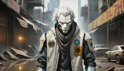 HQ,solo,looking at viewer,shirt,red eyes,1boy,jacket,upper body,white hair,male focus,outdoors,open clothes,scarf,vest,black shirt,mask,glowing,white jacket,robot,ground vehicle,building,glowing eyes,motor vehicle,science fiction,city,sign,car,road,cable,cyborg,power lines,street,cyberpunk,humanoid robot,android,robot joints,truck